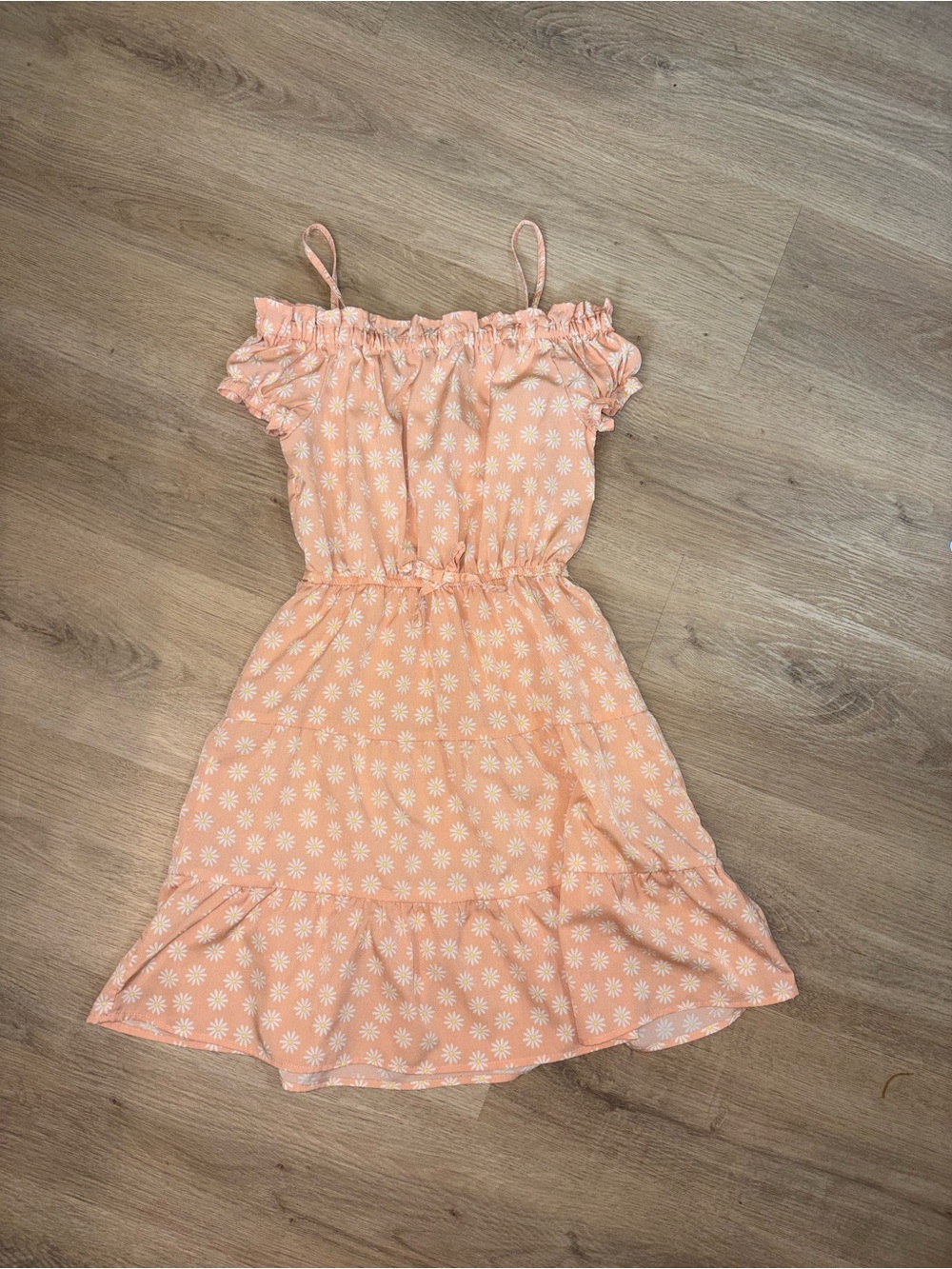 Girls' Peach Floral Off-Shoulder Sundress with Spaghetti Straps